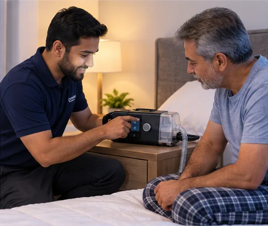 CPAP technician explaining equipment to customer