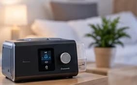 A CPAP machine on a bedside table in a quiet bedroom