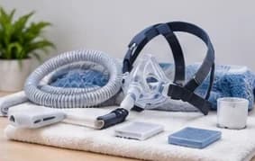 CPAP mask, coiled hose and replacement filters on a folded towel