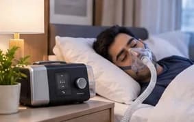 A person asleep wearing a CPAP mask with the machine on the bedside table