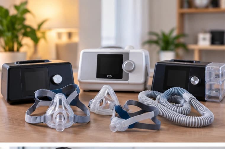 Three different CPAP machines with masks and tubing lined up side by side