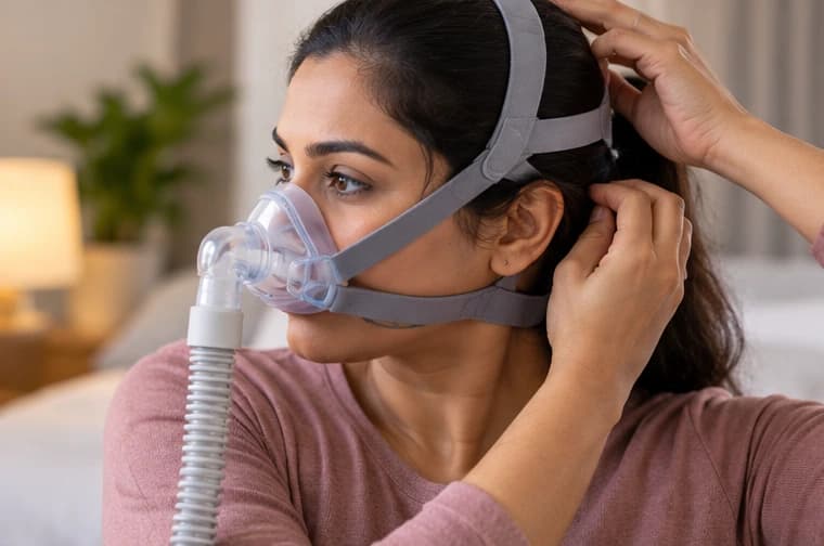 A woman adjusting the headgear strap of her CPAP mask