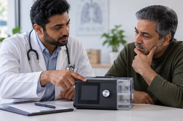 A doctor reviewing a CPAP machine's settings with a patient