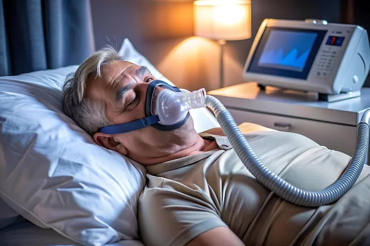 A person asleep in a CPAP mask beside a monitor showing breathing patterns