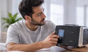 A man looking closely at the display on a CPAP machine