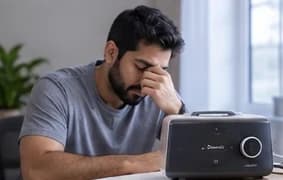 A tired man rubbing his eyes beside his CPAP machine