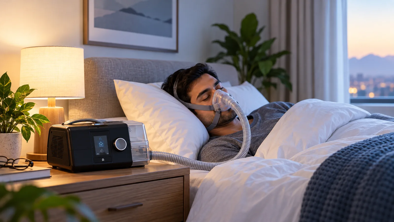 A person resting with a CPAP mask and machine beside the bed
