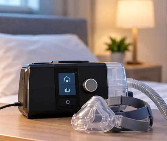 CPAP machine with a mask and hose on a bedside table