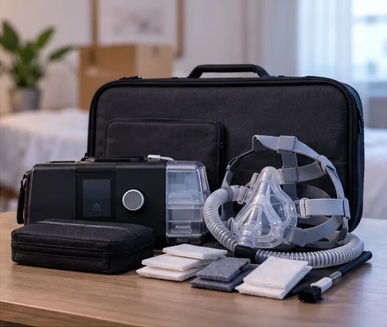 CPAP equipment, mask, hose and carry bag