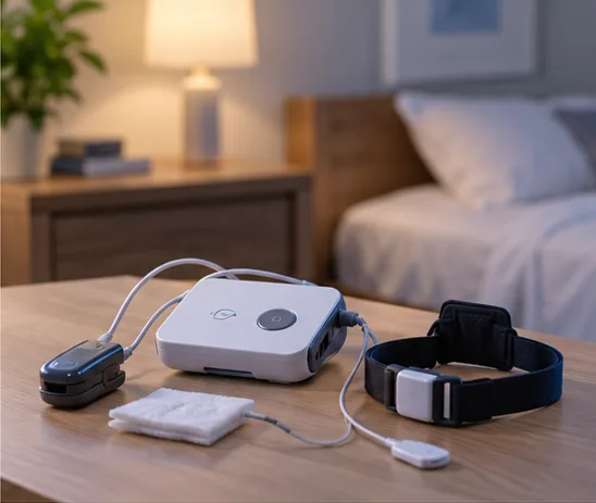 Sleep monitoring equipment arranged on a bedside table